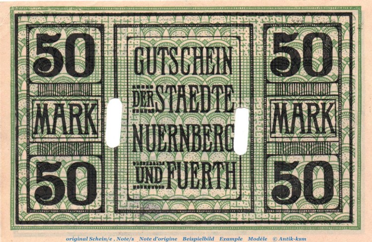Banknote Nürnberg und Fürth , 50 Mark Schein in kfr.E Geiger 388.04 , von 1918 , Bayern Großnotgeld