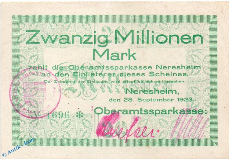 Banknote Neresheim , 20 Millionen Mark Schein in f-kfr. Keller 3758.a , 28.09.1923 , Württemberg Großnotgeld