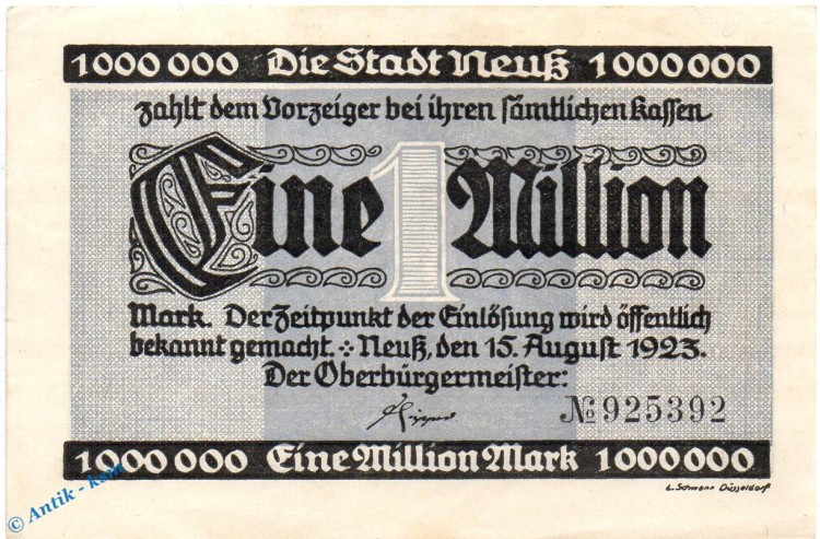 Banknote Neuss , 1 Million Mark Schein in gbr. Keller 3840.d , 15.08.1923 , Rheinland Großnotgeld Inflation