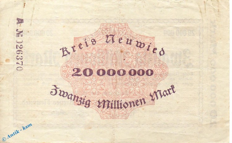 Banknote Neuwied , Kreis , 20 Millionen Mark Schein in gbr. Keller 3903.ff , 31.08.1923 , Rheinland Großnotgeld Inflation