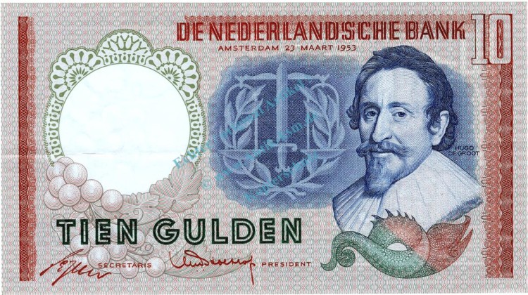 Banknote Niederlande , 10 Gulden Schein 1953 -Hugo de Groot- gbr. P.85