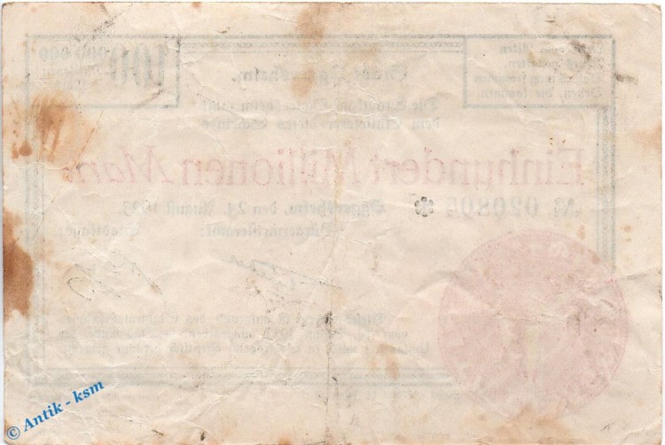 Banknote Oggersheim , 100 Millionen Mark Schein in gbr. Keller 4142.c , 24.08.1923 , Pfalz Großnotgeld Inflation