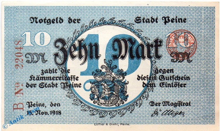 Peine , Notgeld 10 Mark Schein in kfr. Geiger 410.08 , Niedersachsen 1918 Grossnotgeld