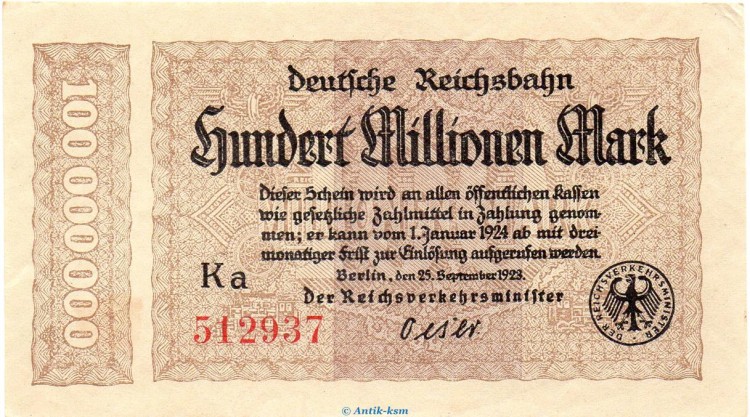 Banknote Reichsbahn , 100 Millionen Mark Schein in kfr. RVM-7.f , S.1017 , von 1923 , deutsche Reichsbahn - Inflation