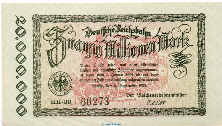 Banknote Reichsbahn , 20 Millionen Mark Schein in kfr. RVM-5 , S.1015 , von 1923 , deutsche Reichsbahn - Inflation