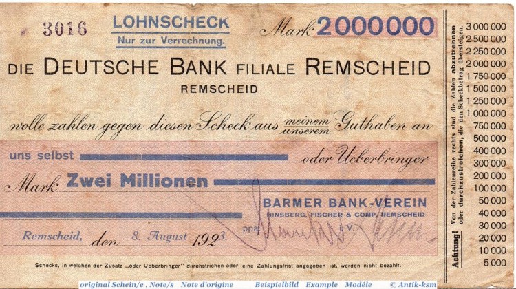 Banknote Remscheid , Barmer Bank 2 Millionen Mark Schein in gbr. Keller 4518.f , 08.08.1923 , Rheinland Großnotgeld Inflation