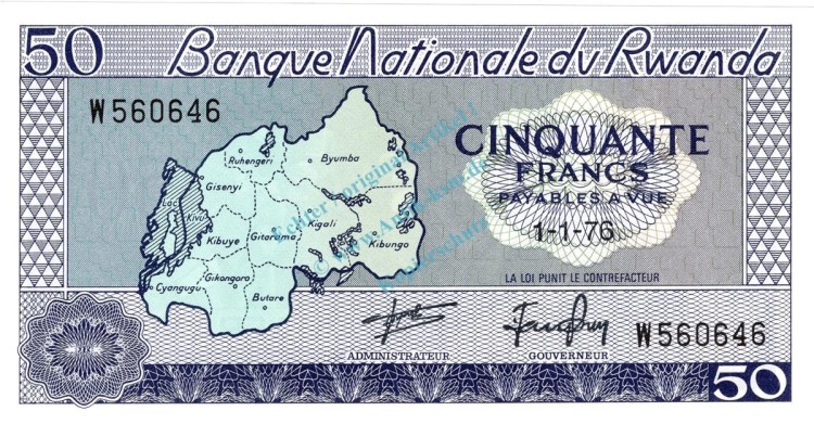 Banknote Ruanda , 50 Francs Schein 1975 -Map- unc-kfr WPM.7.c