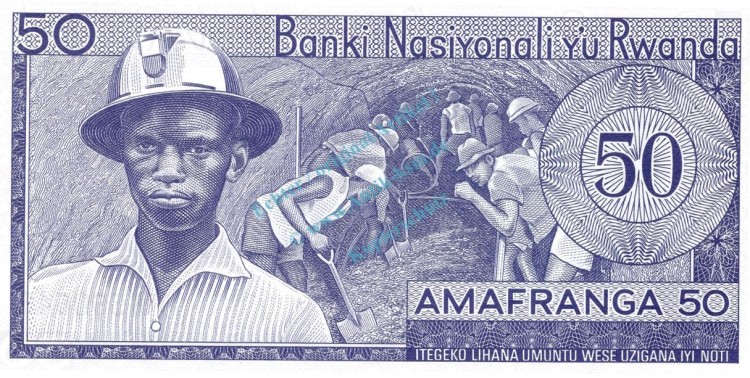 Banknote Ruanda , 50 Francs Schein 1975 -Map- unc-kfr WPM.7.c