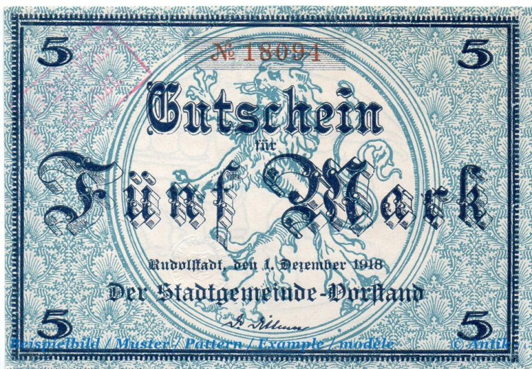 Banknote Rudolstadt , 5 Mark Schein in kfr. E , Geiger 456.01 , 01.12.1918 , Thüringen Großnotgeld