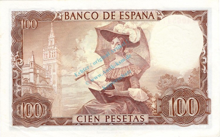 Banknote Spanien , 100 Pesetas Schein 1965 -Gustavo Adolfo Becquer- unc-kfr WPM.150