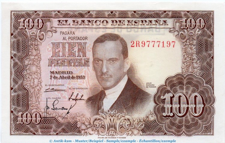 Banknote Spanien , 100 Pesetas Schein in kfr. P.145 , von 1956 , Banco de Espania
