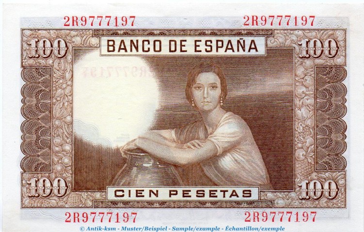 Banknote Spanien , 100 Pesetas Schein 1953 -Juan Romero- unc-kfr WPM.145