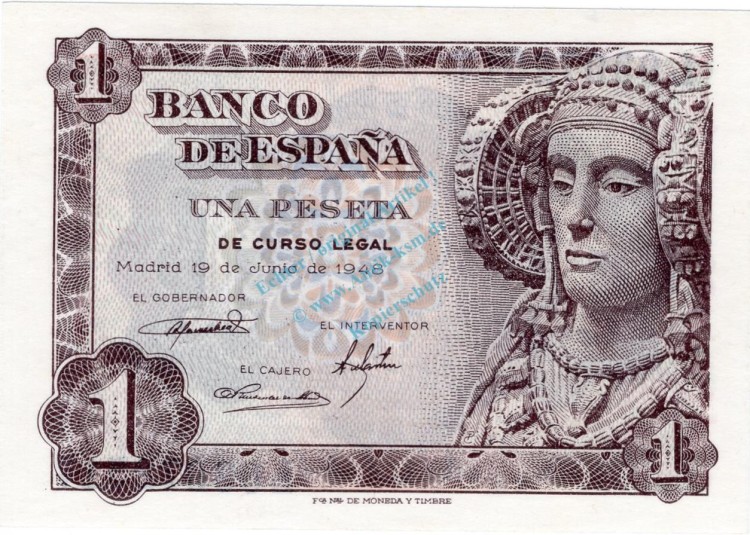 Banknote Spanien , 1 Peseta Schein 1948 -Dama de Elche- unc-kfr WPM.135