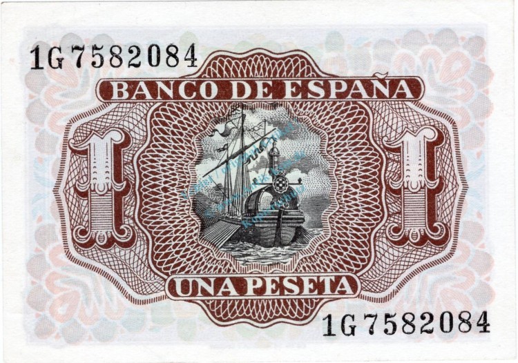 Banknote Spanien , 1 Peseta Schein 1953 -Santa Cruz- unc-kfr WPM.144