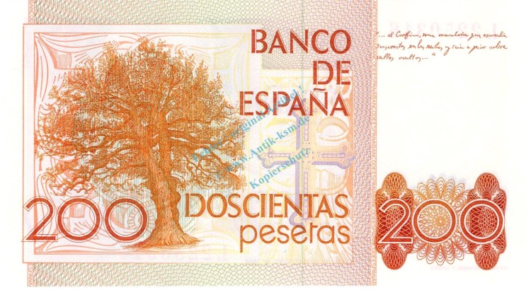 Banknote Spanien , 200 Pesetas Schein 1980 -Leopoldo Garci de las Alas- unc-kfr WPM.156