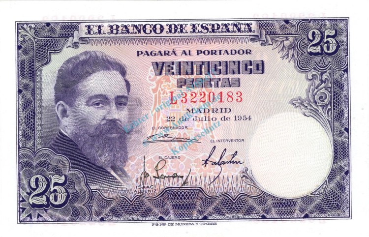 Banknote Spanien , 25 Pesetas Schein 1954 -Isaac Albeniz- unc-kfr WPM.147