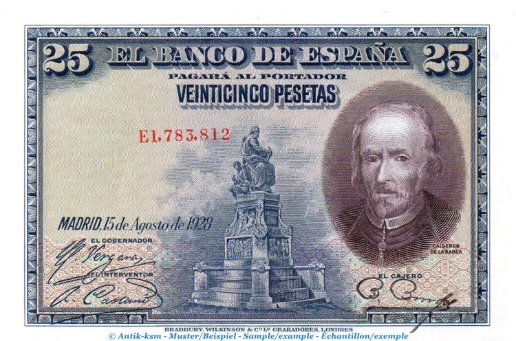 Banknote Spanien , 25 Pesetas Schein in kfr. P.74.c , von 1928 , Banco de Espania