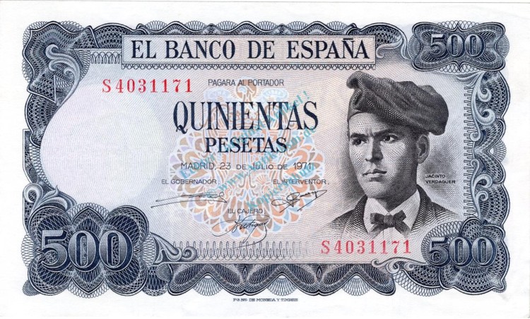 Banknote Spanien , 500 Pesetas Schein 1971 -Jacinto Verdaguer- unc-kfr WPM.153