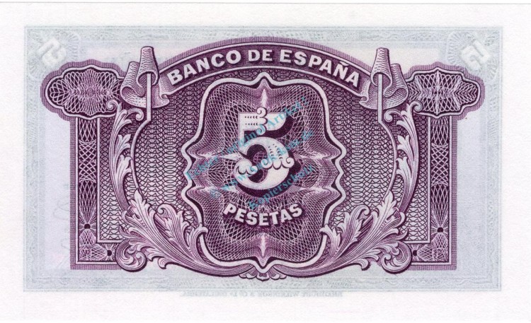 Banknote Spanien , 5 Pesetas Schein 1935 -Woman at left- unc-kfr WPM.85