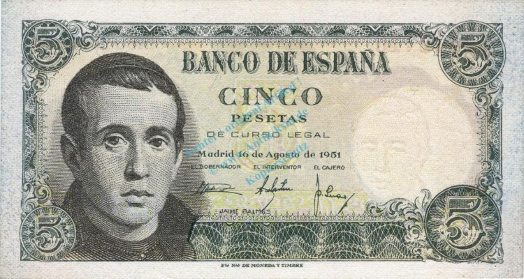 Banknote Spanien , 5 Pesetas Schein 1951 -Jalme Bailes- unc-kfr WPM.140