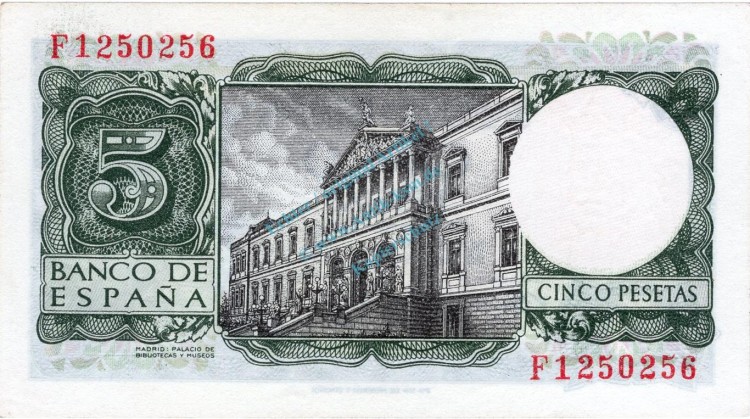 Banknote Spanien , 5 Pesetas Schein 1954 -King Alfonso X- unc-kfr WPM.146