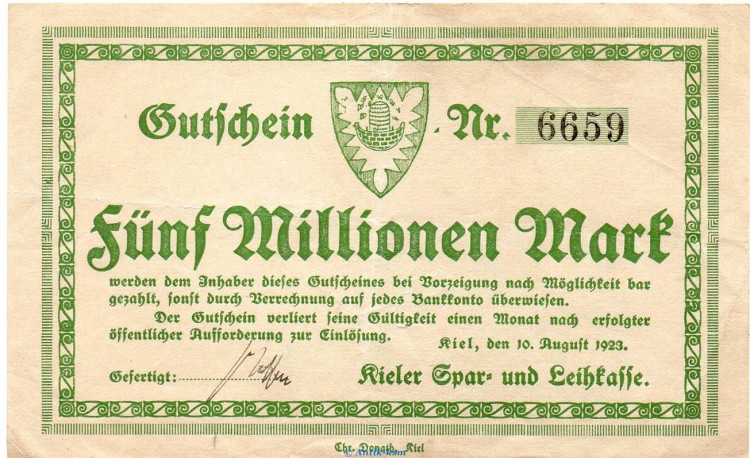 Banknote Spar- und Leihkasse Kiel , 5 Million Mark Schein in gbr. Keller 2624 , von 1923 Schleswig Holstein Großnotgeld Inflation