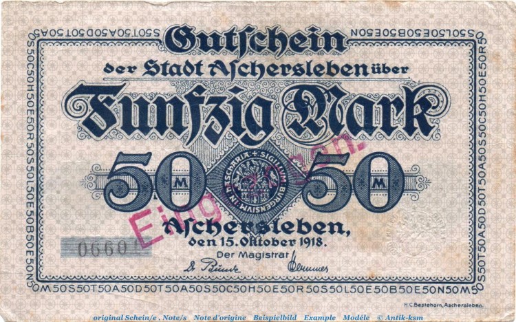 Banknote Stadt Aschersleben , 50 Mark Schein in gbr.E Geiger 023.04 , von 1918 , Sachsen Anhalt Großnotgeld