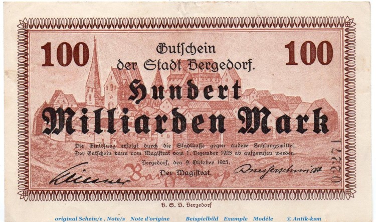 Banknote Stadt Bergedorf , 100 Milliarden Mark Schein in gbr. Keller 315.i , von 1923 , Hamburg Großnotgeld Inflation