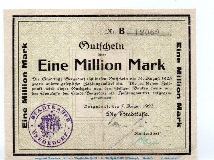 Banknote Stadt Bergedorf , 1 Million Mark Schein in gbr. Keller 315.a , von 1923 , Hamburg Großnotgeld Inflation