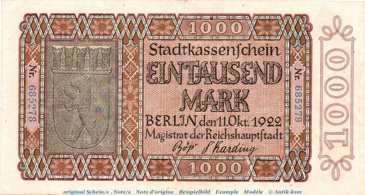 Banknote Stadt Berlin , 1.000 Mark Schein in gbr. Müller 310.3 von 1922 , Brandenburg Großnotgeld
