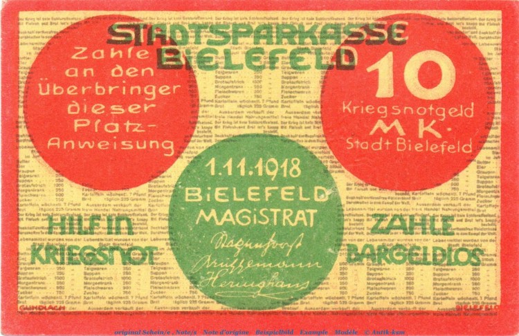 Banknote Stadt Bielefeld , 10 Mark Schein in kfr. Geiger 046.08 , von 1918 , Westfalen Großnotgeld