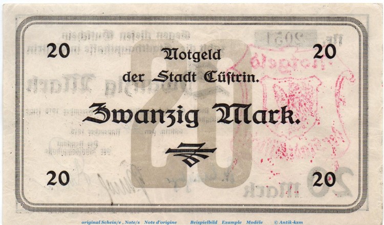 Banknote Stadt Cüstrin , 20 Mark Schein in f-kfr. Geiger 087.05 , 24.11.1918 , Brandenburg Großnotgeld
