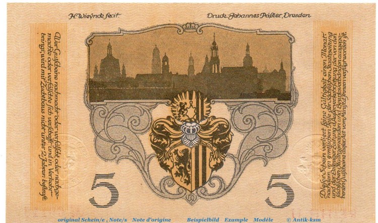 Dresden , Notgeld 5 Mark Schein in kfr. Bühn 1130.4.c  , Sachsen 1918 Grossnotgeld