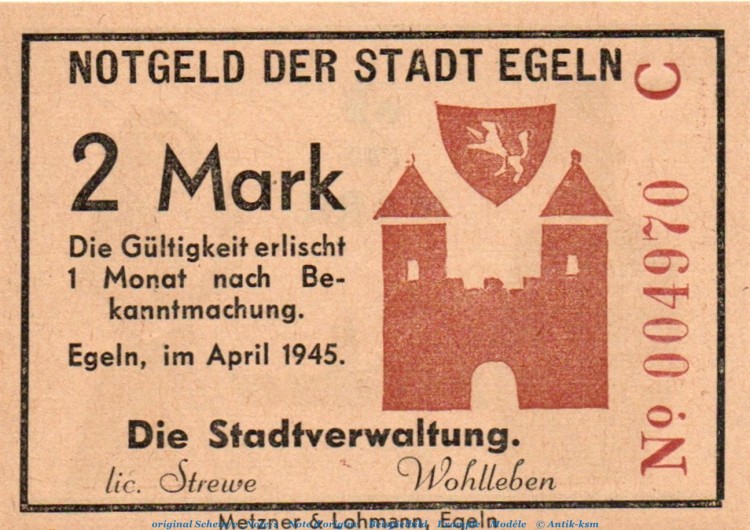 Banknote Stadt Egeln , 2 Mark Schein in kfr. Serie C , April 1945 , Sachsen Anhalt , Notgeld 1945