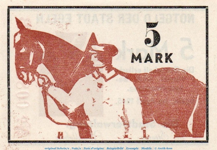 Banknote Stadt Egeln , 5 Mark Schein in kfr. Serie B , April 1945 , Sachsen Anhalt , Notgeld 1945