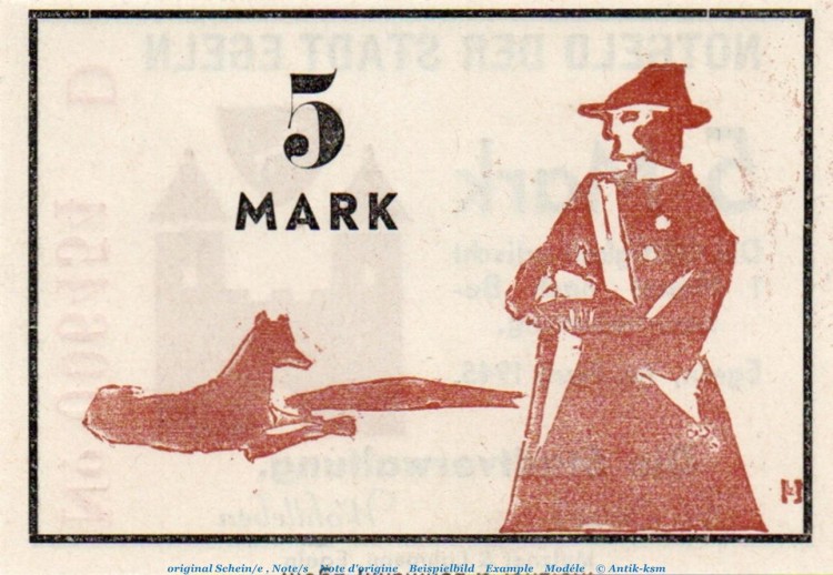 Banknote Stadt Egeln , 5 Mark Schein in kfr. Serie D , April 1945 , Sachsen Anhalt , Notgeld 1945