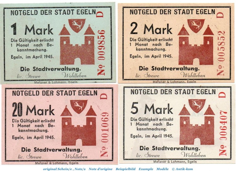 Banknote Stadt Egeln , Set mit 4 Scheinen in kfr. Serie D , April 1945 , Sachsen Anhalt , Notgeld 1945