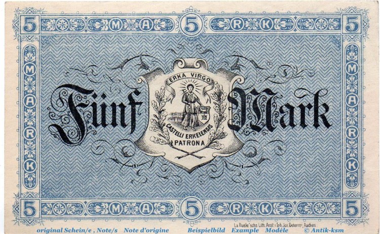 Banknote Stadt Erkelenz , 5 Mark Schein in kfr. Geiger 137.01 , von 1918 , Rheinland Großnotgeld