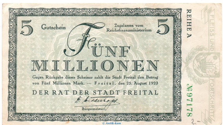 Banknote Stadt Freital , 5 Millionen Mark Schein in gbr. Keller 1603.d von 1923 , Sachsen Inflation