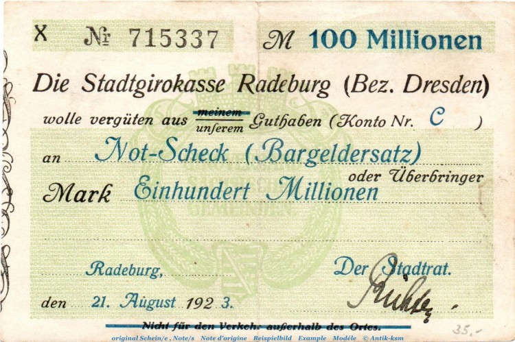 Banknote Stadtgirokasse Radeburg , 100 Millionen Mark Schein in gbr. Keller 4413.a von 1923 , Sachsen Inflation