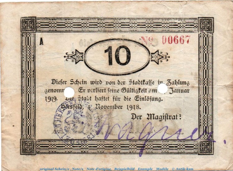 Banknote Stadt Hersfeld , 10 Mark , 2 Stempel , in gbr.E , Geiger 231.05 von 1918 , Hessen Großnotgeld