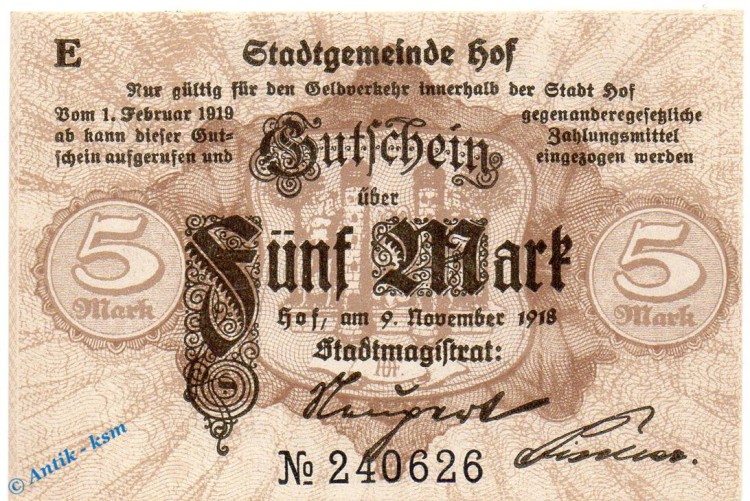 Banknote Stadt Hof , 5 Mark Schein in kfr. Geiger 239.04.b , 09.11.1918 , Bayern Großnotgeld