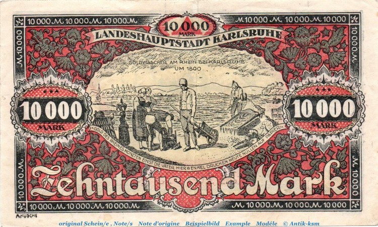 Banknote Stadt Karlsruhe , 10.000 Mark Schein in gbr. Müller 2250.4 von 1923 , Baden Großnotgeld