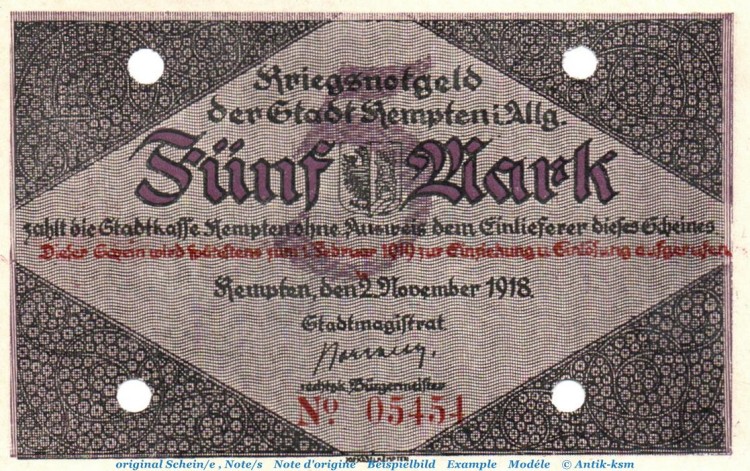 Banknote Stadt Kempten , 5 Mark Schein in kfr.E Geiger 269.01 , von 1918 , Bayern Großnotgeld
