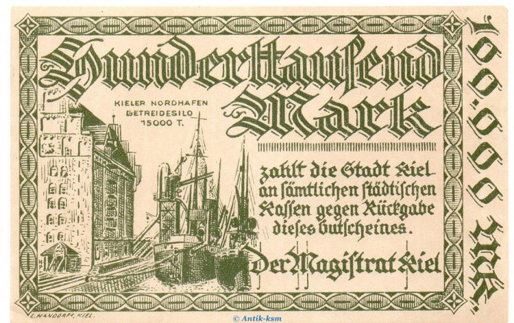Banknote Stadt Kiel , 100.000 Mark Schein in kfr. Keller 2614.a o.D. Schleswig Holstein Großnotgeld Inflation