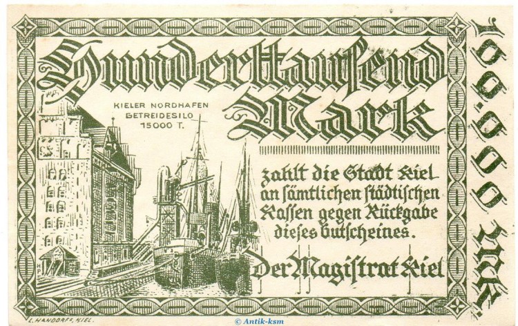 Banknote Stadt Kiel , 100.000 Mark Schein in kfr. Keller 2614.b  o.D. Schleswig Holstein Großnotgeld Inflation