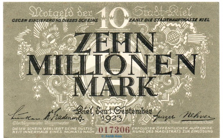 Banknote Stadt Kiel , 10 Millionen Mark Schein in kfr. Keller 2614.h von 1923 , Schleswig Holstein Großnotgeld Inflation
