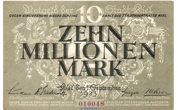 Banknote Stadt Kiel , 10 Millionen Mark Schein in L-gbr. Keller 2614.h von 1923 , Schleswig Holstein Großnotgeld InflationBanknote Stadt Kiel , 10 Millionen Mark Schein in L-gbr. Keller 2614.h von 1923 , Schleswig Holstein Großnotgeld Inflation