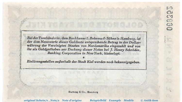 Banknote Stadt Kiel , 1 Gold Mark Schein in kfr. Müller 2775.7  o.D. Schleswig Holstein Inflation