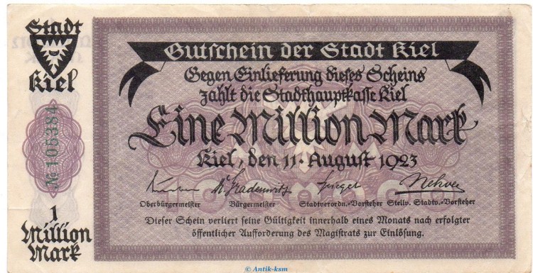 Banknote Stadt Kiel , 1 Million Mark Schein in L-gbr. Keller 2614.d von 1923 , Schleswig Holstein GrBanknote Stadt Kiel , 1 Million Mark Schein in L-gbr. Keller 2614.d von 1923 , Schleswig Holstein Großnotgeld Inflationoßnotgeld Inflation